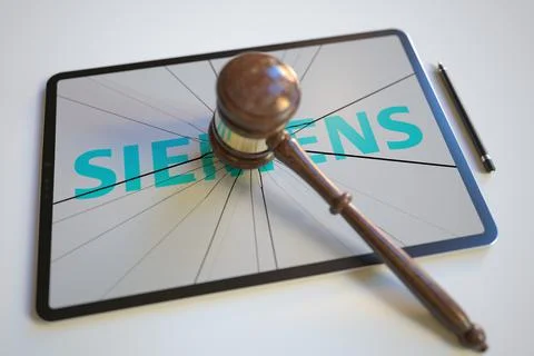 Broken tablet computer screen with logo of SIEMENS and judge's gavel. Editorial Stock-Illustration