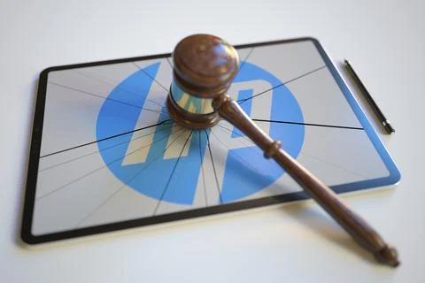 Broken tablet computer screen with logo of HP and judge's gavel. Editorial イラスト素材