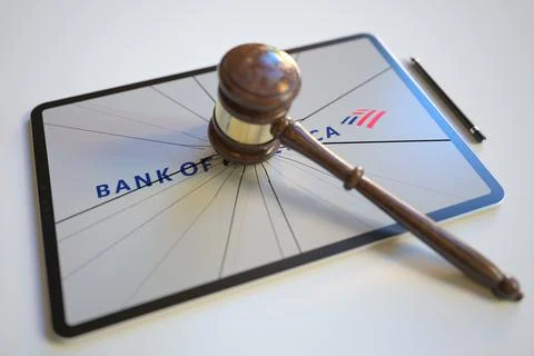 Broken tablet computer screen with logo of BANK OF AMERICA and judge's gavel Stock-Illustration