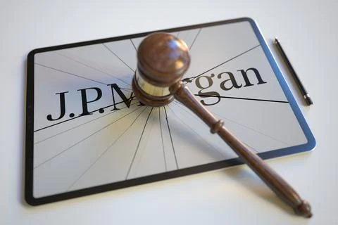 Broken tablet computer screen with logo of JPMORGAN and judge's gavel. Editorial Stock-Illustration