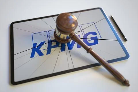Broken tablet computer screen with logo of KPMG and judge's gavel. Editorial Illustrazione stock