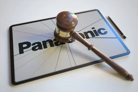 Broken tablet computer screen with logo of PANASONIC and judge's gavel Stock Illustration