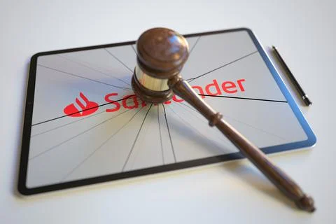 Broken tablet computer screen with logo of SANTANDER and judge's gavel Stock-Illustration