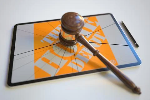 Broken tablet computer screen with logo of THE HOME DEPOT and judge's gavel Stock-Illustration