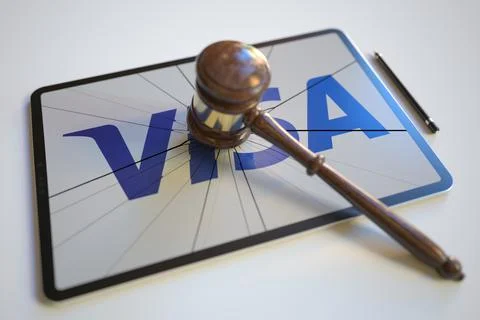 Broken tablet computer screen with logo of VISA and judge's gavel. Editorial Stock-Illustration