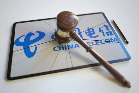 Broken tablet computer screen with logo of CHINA TELECOM and judge's gavel Stock Illustration