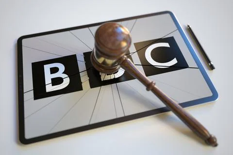 Broken tablet computer screen with logo of BBC and judge's gavel. Editorial イラスト素材