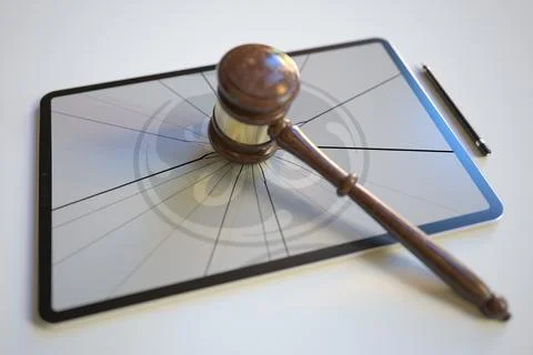 Broken tablet computer screen with logo of GENERAL ELECTRIC and judge's gavel イラスト素材