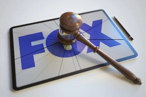 Broken tablet computer screen with logo of FOX and judge's gavel. Editorial Stock-Illustration