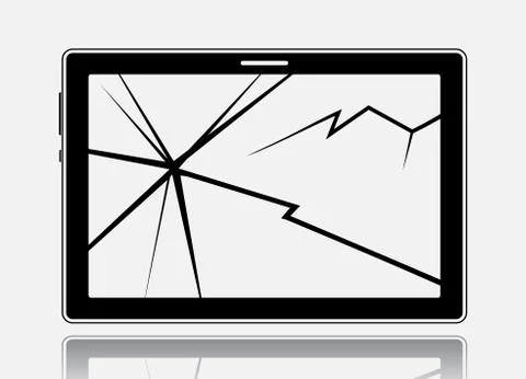 Broken tablet with cracked touch screen, flat icon pictogram with reflection  Stock Illustration