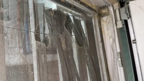 Broken teared damaged old net window mesh metal texture pattern dusty surface Stock Footage 296308373