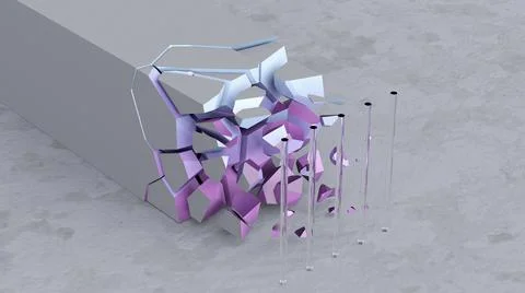 Broken textured gray block and glass cylinders. 3d render. Stock Illustration