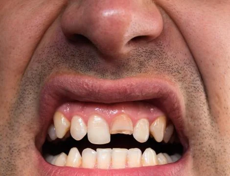 Broken tooth. Broken upper incisor in a man mouth. Foto stock