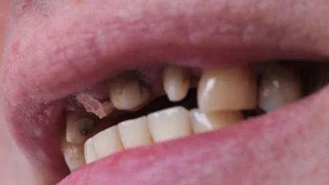 Broken tooth, missing teeth in open human mouth close up macro footage. Dental Stock Footage 261718680