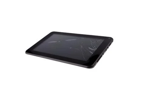 Broken touch-screen on black digital tablet - isolated Foto stock