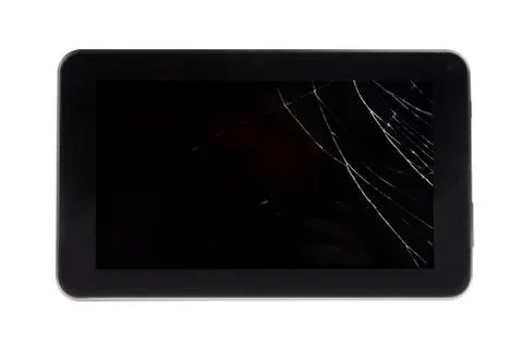 Broken touch-screen on black digital tablet - isolated Stock Photos