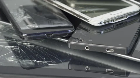 Broken touch screen on  used crashed gudget  and Mobile Smart Phone and pad h Stock Footage 132891426