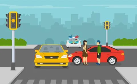 Broken traffic light with yellow light causes car accident on crossroads. 스톡 일러스트