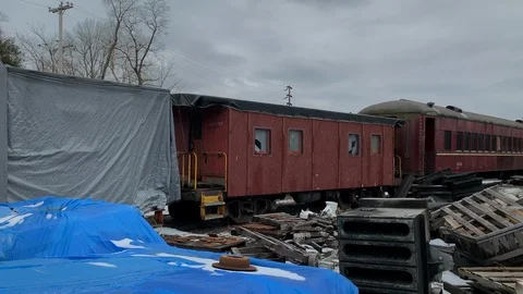 Broken train cabins in junk yard apocalyptic Stock Footage 104000650