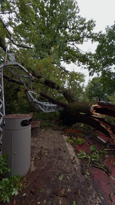 Broken tree blocking park walkway after storm, with fallen trunk, scattered Stock Footage 345531230