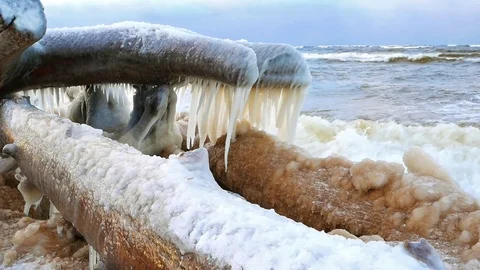Broken tree on the seaside with a number of icicles. SlowMo. Stock Footage 71197974