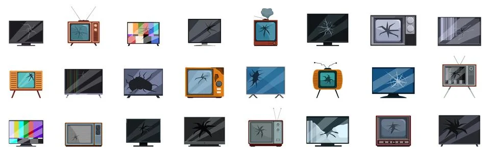 Broken tv icons set. Set of various television, both old and modern, with the Stock Illustration