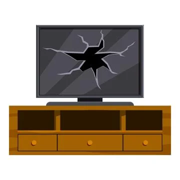 Broken tv screen displaying cracks on wooden tv stand Stock Illustration
