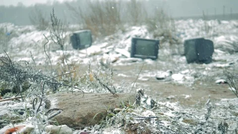 Broken TVs on a junk yard. Stock Footage 120465122