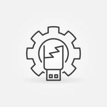 Broken USB in Gear vector concept icon in thin line style Stock Illustration