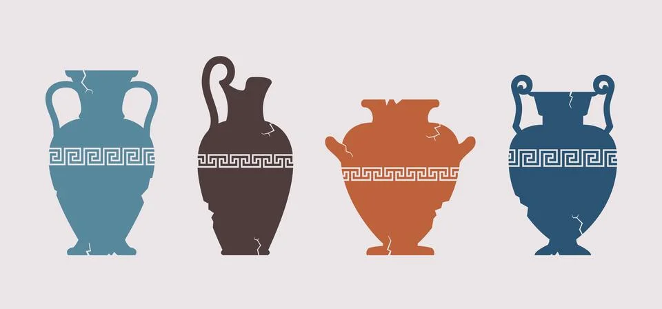 Broken vase silhouettes set. Different cracked ancient greek amphoras with Stock Illustration