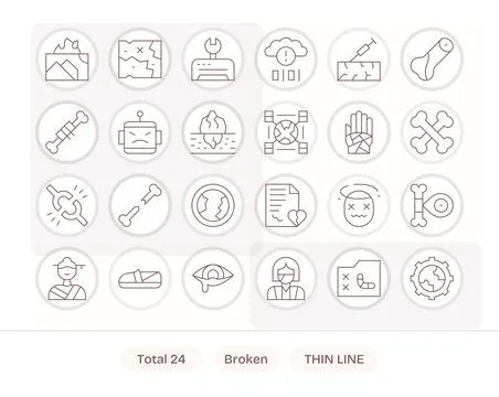 Broken Vector Icon Set with 24 Thin Line 128x128 Display Perfect Graphics Stock Illustration