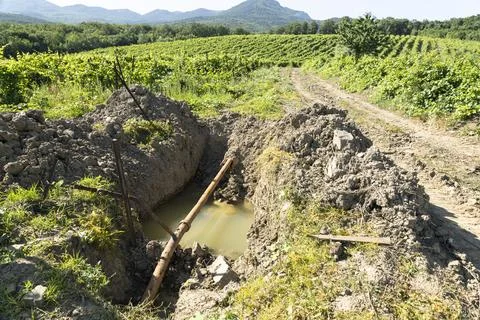 Broken Vineyard Irrigation System, rusty pipes dug out of the ground. Stock Photos