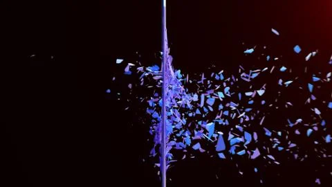 Broken wall dark pastel-violet color. Wall shatters into thousands of small Stock Illustration