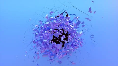 Broken wall dark pastel-violet color. Wall shatters into thousands of small Stock Illustration