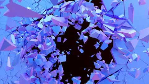 Broken wall dark pastel-violet color. Wall shatters into thousands of small Illustrazione stock