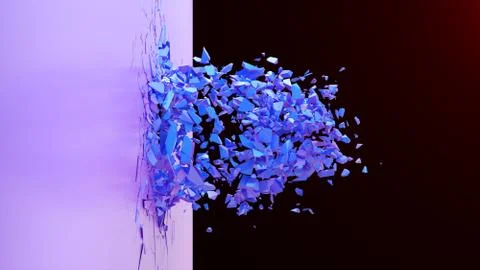 Broken wall dark pastel-violet color. Wall shatters into thousands of small Stock Illustration