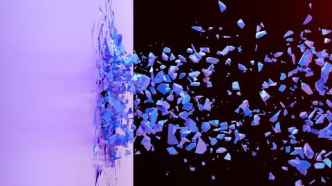 Broken wall dark pastel-violet color. Wall shatters into thousands of small Stock Illustration
