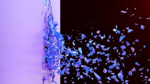 Broken wall dark pastel-violet color. Wall shatters into thousands of small Stock Illustration