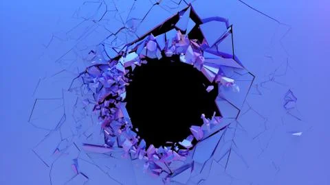 Broken wall dark pastel-violet color. Wall shatters into thousands of small Stock Illustration