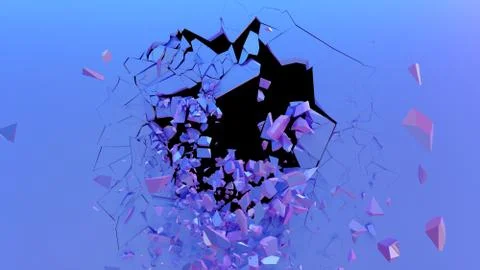 Broken wall dark pastel-violet color. Wall shatters into thousands of small Illustrazione stock