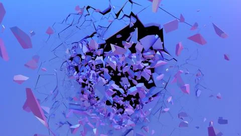 Broken wall dark pastel-violet color. Wall shatters into thousands of small Stock Illustration