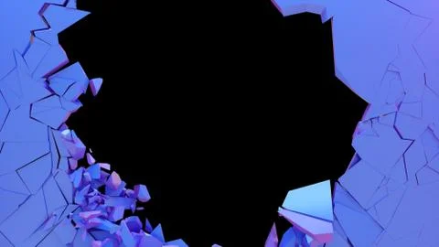 Broken wall dark pastel-violet color. Wall shatters into thousands of small Illustrazione stock
