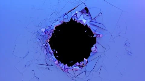 Broken wall dark pastel-violet color. Wall shatters into thousands of small Stock Illustration