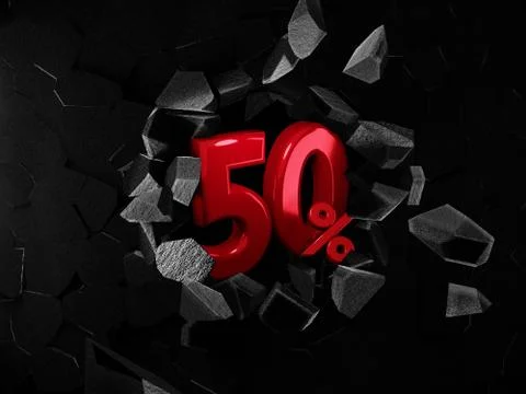 Broken  wall with a hole in the center and inscription sale 50% off. 3d illus 库存插图
