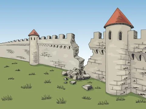 Broken wall medieval castle graphic color sketch illustration vector Stock Illustration