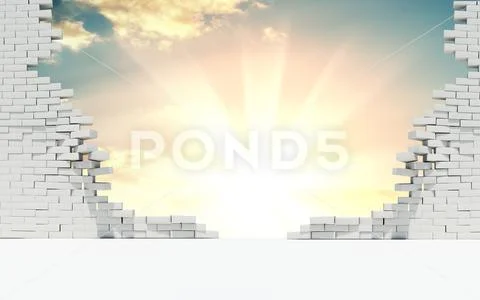 Broken wall of white bricks and beautiful sunrise Stock Illustration