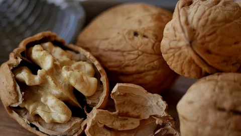 Broken walnut, 4k Close up shot,slowly,Slider equipment used.LR pan, Left slider 스톡 동영상 85130962
