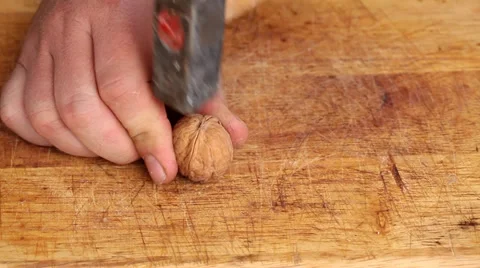 Broken walnut with hammer Stock Footage 35712751