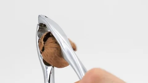 Broken walnut with nutcracker on a white background Stock Footage 85956419