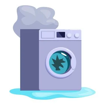 Broken washing machine leaking and smoking, home appliance repair needed Stock Illustration